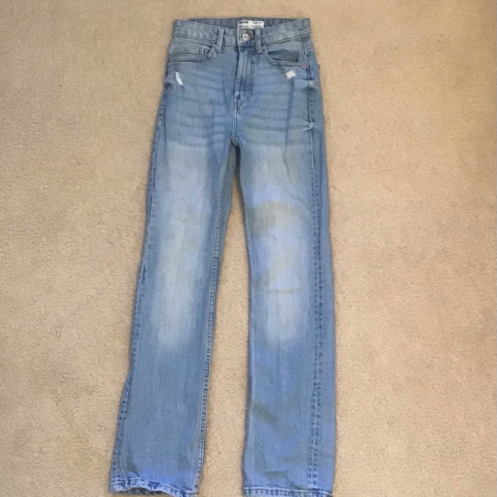 Bershka Women's Straight Leg Jeans in Light Blue